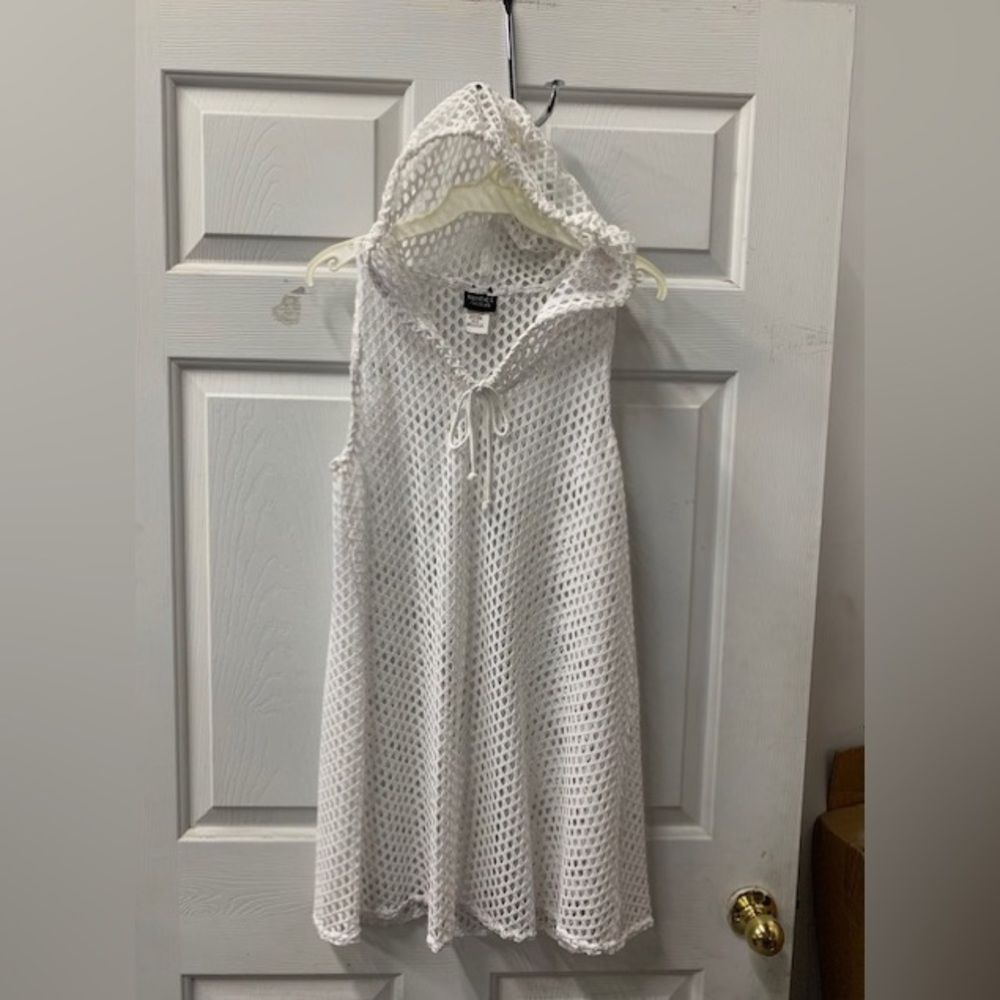 S to XL White hooded eyelet fish net swimsuit cover-up dress